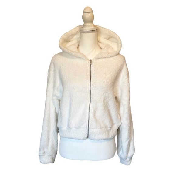 White Hooded Super Soft Cropped Teddy Zip Up Jacket Women’s Small - Picture 6 of 14